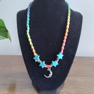 Moon and Stars Rainbow Hemp Necklace